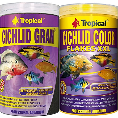 Tropical 1 Liter Cichlid Gran + 1 Liter Cichlid Color Flocken XXL Doppelpack 2 er Set Cichlid Malawi Fischfutter