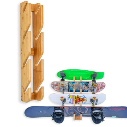 COR Surf Skateboard-Wandhalterung für 4 Boards, Snowboard-Wandhalterung für vier Boards, aus nachhaltigem Bambus, 4 Bretter, Wandregal für Schnee und Skate