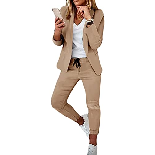 Yokbeer Hosenanzüge für Damen Elegant Zweiteilig Business Outfit Set Langarm Blazer Anzugjacke und Anzughosen 2 Teiler Büro Slimfit Streetwear Formal Modern Festlicher (Color : A-Khaki, Size : M)