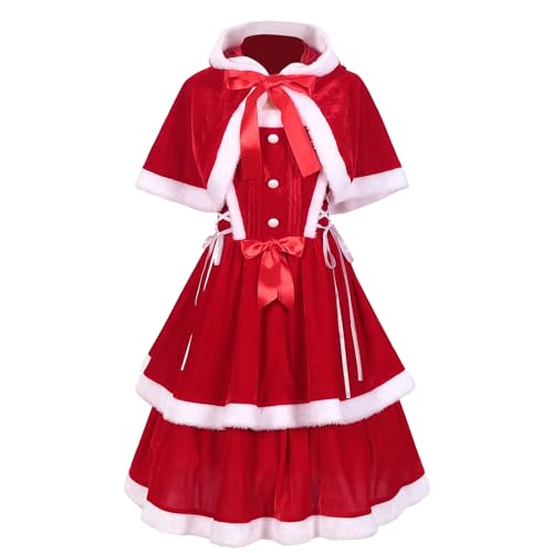 Kasmole Damen-Weihnachtskleid | Samt-Weihnachtsmann-Kleid mit Umhang | Roter Umhang-Set, Weihnachtskostüme, Prinzessinnenkleid für Kinder, Mädchen und Frauen