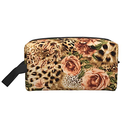 DCARSETCV Make-up-Tasche mit gestreiftem Leoparden- und Rosenmotiv, Kosmetiktasche für Damen, Reise-Make-up-Tasche, Organizer, niedlicher Make-up-Koffer, Aufbewahrungstasche, Geldbörse, Gestreifter