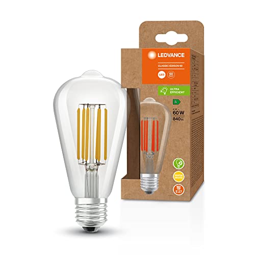 LEDVANCE LED Stromsparlampe, Filament Edison mit E27 Sockel, Warmweiß (3000K), 4 Watt, ersetzt herkömmliche 60W-Leuchtmittel, besonders hohe Energieeffizienz und stromsparend, 6er-Pack