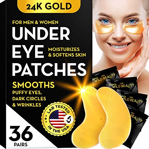 Wild Beauty Under Eye Patches (36 Pairs), Eye Masks for Dark Circles and Puffiness! Under Eye Patches for Under Eye Bags, 24K Gold Eye Mask, Under Eye Mask for Adults, Eye Patches for Puffy Eyes