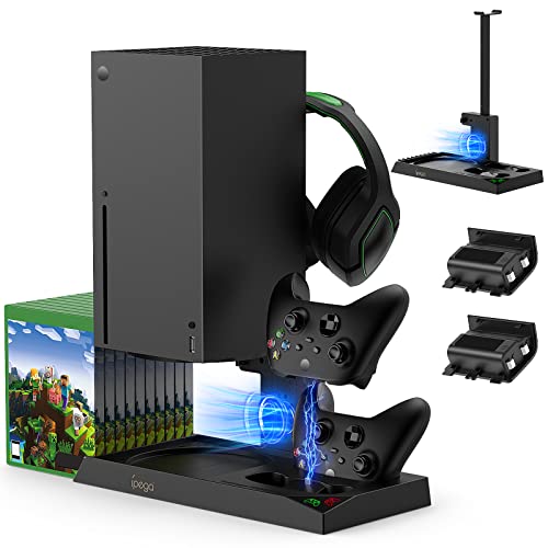 Vertikaler Kühlständer für Xbox Series X Konsole – Dual Controller Ladestation mit 2 Stück 1400 mAh Batterien & Gaming-Kopfhörer-Halter für Sony Xbox Series X
