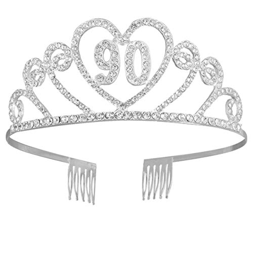 Lurrose Corona für Geburtstag 90 Jahre, Haarreif, Diadem, Prinzessin Damen, Tiara Strass Kristall mit Kamm (Silber)