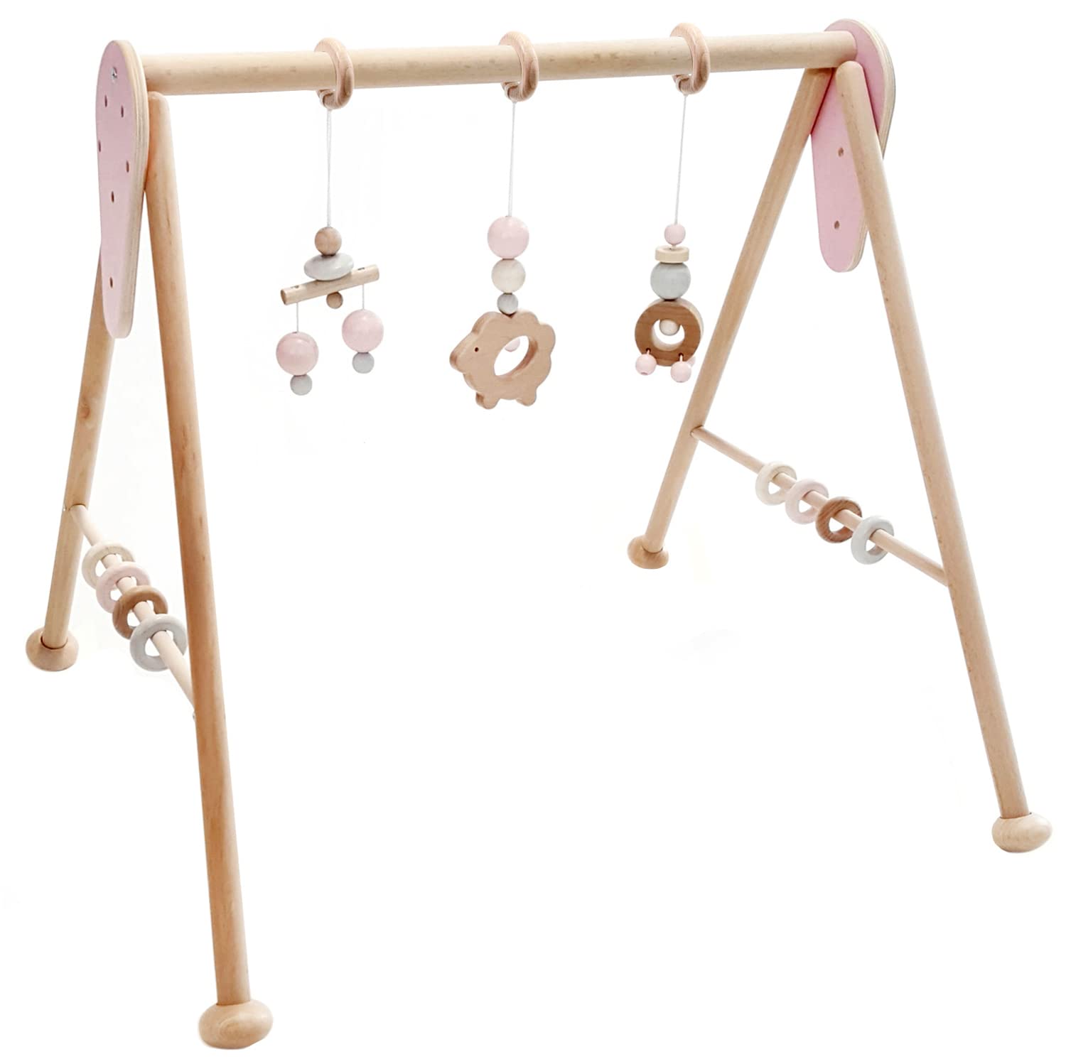 Hess Holzspielzeug 20038 - Spielgerät aus Holz, Nature Serie Schaf in Rosa, für Babys, handgefertigter Spiel-Bogen mit Figuren und Rasseln, ca. 62 x 57 x 54,5 cm groß