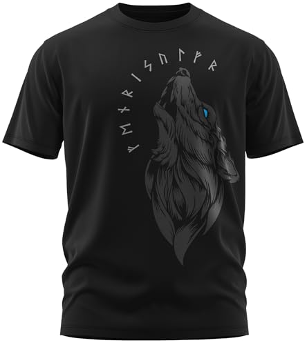 Fenriswolf Runen Wikinger Fenrir Valhalla Rising Walhalla Vikings Wodan - Herren T-Shirt und Männer Tshirt, Größe:L, Farbe:Schwarz/Blau