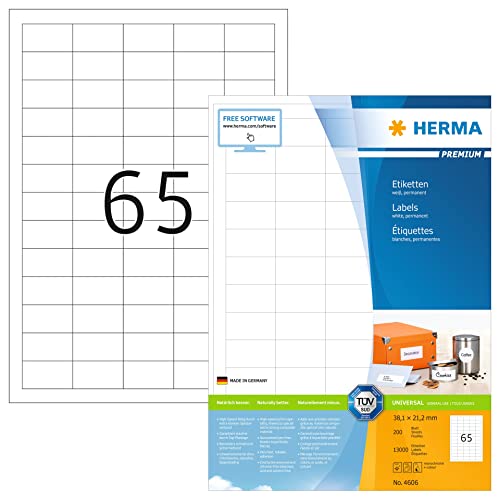 HERMA 4606 Universal Etiketten DIN A4 klein (38,1 x 21,2 mm, 200 Blatt, Papier, matt) selbstklebend, bedruckbar, permanent haftende Adressaufkleber, 13.000 Klebeetiketten, weiß