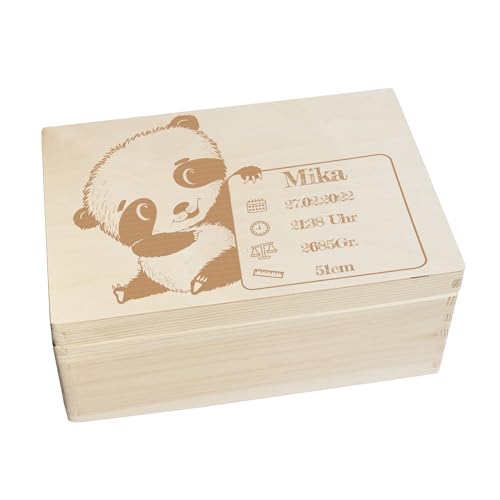 CHICCIE Erinnerungsbox personalisiert für Baby & Kind mit Gravur Panda - Geburt Holzkiste für schöne Erinnerungen - Holz-Box Erinnerungskiste 30x20x14cm