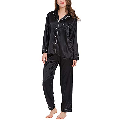 Ladieshow Damen Pyjamas Satin Schlafanzug Lange Ärmel Sleepwear Zweiteiliger PJ Set
