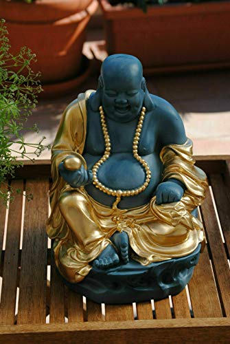 Deko Shop Cologne Buddha Figur lachender Dicker Happy Buddha XL Blau Türkis Gold Glück Feng Shui