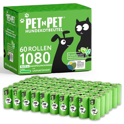 PET N PET Umweltfreundliche Hundekotbeutel, 1080 Stück, 60 Rollen, groß, geruchlos, Grün