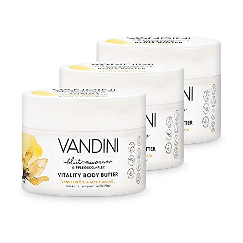 VANDINI Vitality Body Butter Damen mit Vanilleblüte & Macadamiaöl - Body Butter als Körpercreme & Gesichtscreme für trockene, anspruchsvolle Haut - vegane Body Butter für Frauen (3x 200 ml)