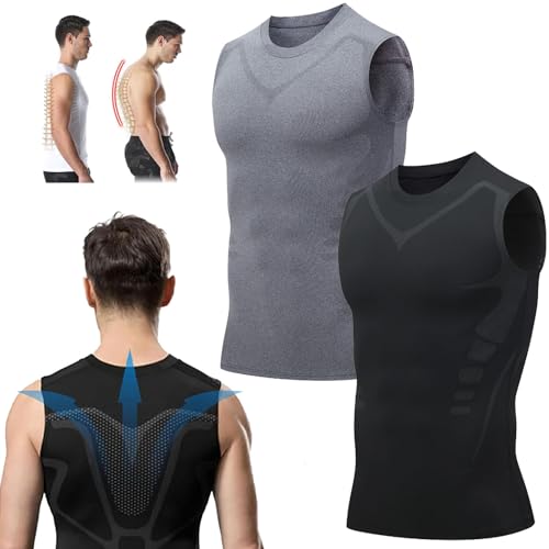 Menionic Tourmaline Posturecorrector Vest, Gfouk™ Menionic Tourmaline Posturecorrector Vest, Posture Corrector for Men, Ionic Shaping Sleeveless Shirt (L,Gray,Black-A)