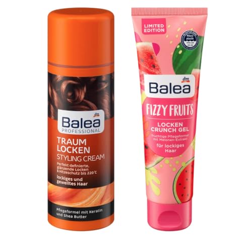 Balea 2er-Set: Professional Styling Cream TRAUMLOCKEN für definiertes, glänzendes Haar mit Keratin & Sheabutter (150 ml) + Locken CRUNCH GEL FIZZY FRUITS Hairstyling für lockiges Haar (100 ml), 250 ml
