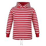 modAS Bretonisches Kinder Kapuzenshirt - Mädchen Jungen Longsleeve Kapuzen-Pullover Langarm Shirt mit Streifen aus Baumwolle in Rot/Weiß Größe 134-140