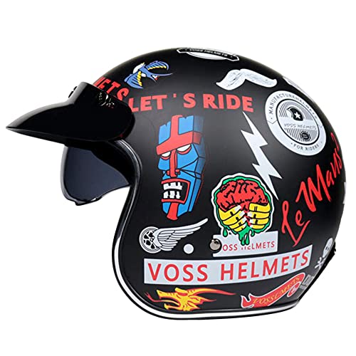 Woljay Retro Motorradhelm 3/4 Jethelm Halbhelme Motorrad Jethelm mit Schild Sonnenblende für Männer Frauen Erwachsene ECE 22/05 DOT Approved (XX-Large, Graffiti-Schwarz)