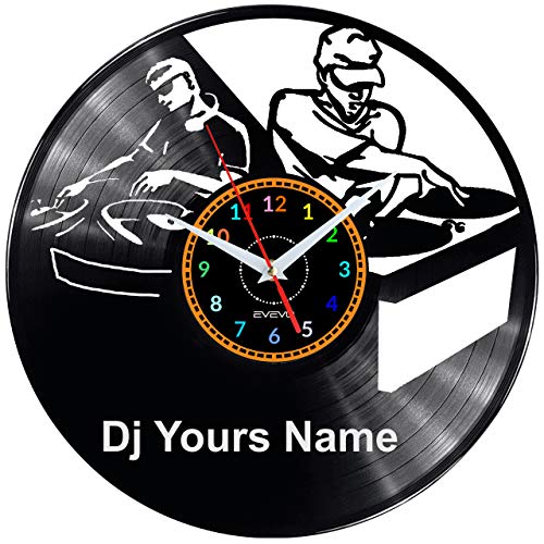 EVEVO DJ Yours Name Wanduhr Vinyl Schallplatte Retro-Uhr Handgefertigt Vintage-Geschenk Style Raum Home Dekorationen Tolles Geschenk Uhr DJ Yours Name