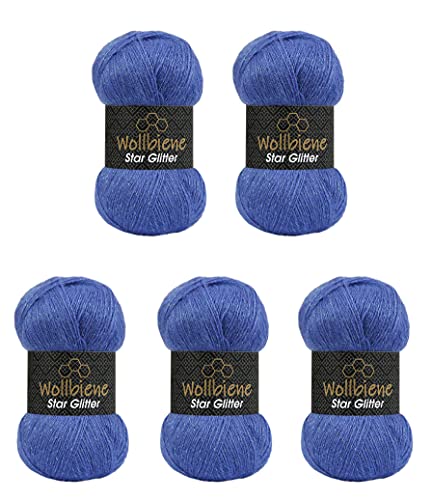 Wollbiene Wolle Wollbiene Star Glitter Simli 5 x 100g Strickwolle mit 20% Wolle 500 Gramm Wolle einfarbig Metallic Glitzerwolle (blau 20)