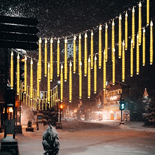 LED Meteor Regen Lichter Außen lichterkett,DINOWIN Solar wasserdichte Lichterketten 30cm 10 Tube 360LEDs, kaskadierende Lichter für Feiertags-Party-Hochzeits-Weihnachtsbaum-Patio-Dekoration (Warmweiß)