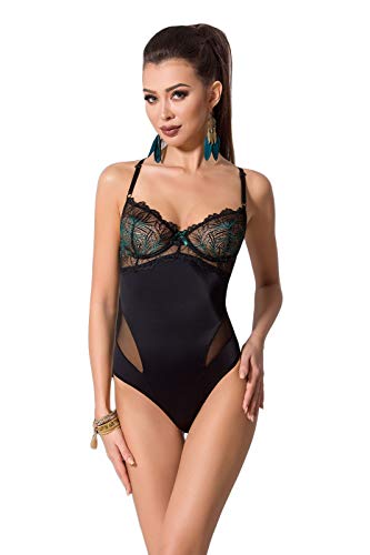 Selente Luxury Love edles 2-teiliges Damen Dessous-Set (made in EU) aus Body & exklusiver Satin-Augenbinde (L/XL, schwarz_türkis)