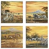 ARTLAND Leinwandbilder Set 4tlg. je 20x20 cm Quadratisch Wandbilder Tiermotive Geparden Elefanten Zebras Steppe Afrika K2KL