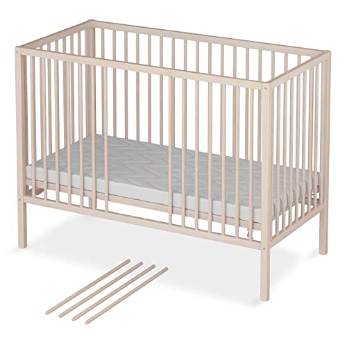 Sämann Babybett Sleepy 60x120 cm mit Matratze - Gitterbett 3-Fach höhenverstellbar inkl. 4 herausnehmbaren Sprossen- Komplett Set - Kinderbett Natur