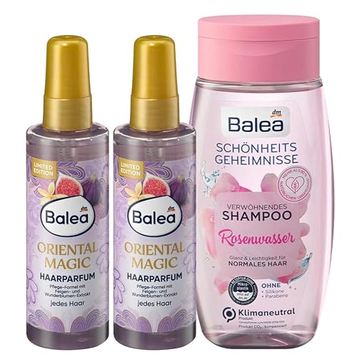 Balea 3er-Set Haarpflege: Haarparfum ORIENTAL MAGIC für natürlichen Glanz mit elegantem orientalischem Duft ohne Silikone (2 x 100 ml) + Shampoo Schönheitsgeheimnisse ROSENWASSER (250 ml), 450 ml