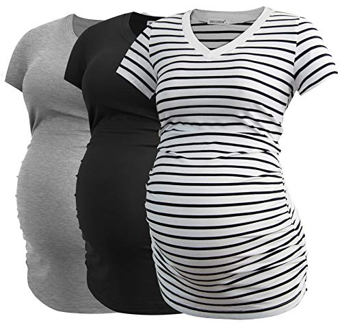 Smallshow Damen Umstandstop V Hals Schwangerschaft Seite Geraffte Umstandskleidung Tops T Shirt 3 Pack,Black-Light Grey-White Stripe,S