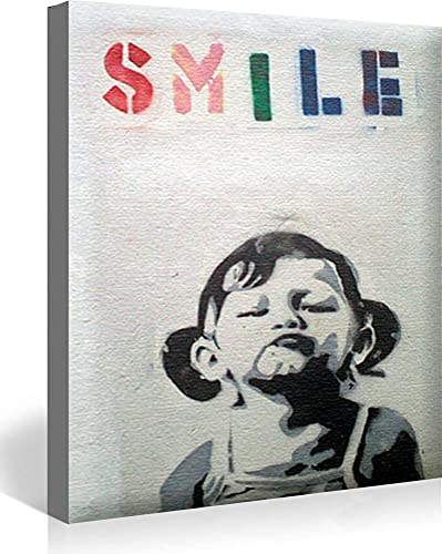 Banksy Bilder Leinwand Cute Smile Girl Graffiti Street Art Leinwandbild Fertig Auf Keilrahmen Kunstdrucke Wohnzimmer Wanddekoration Deko XXL 60x80cm(23.6x31.5inch)
