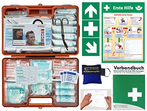 Verbandskoffer/Verbandskasten (G) Typ N -Komplettpaket- Erste Hilfe nach Neuer DIN 13169:2021 für Betriebe INKL. Verbandbuch + Notfallbeatmung & Aufkleber + Aushang