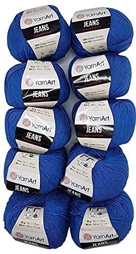 10 x 50g Strickwolle YarnArt Jeans einfarbig mit 55% Baumwolle, 500 Gramm Wolle uni (blau 16)