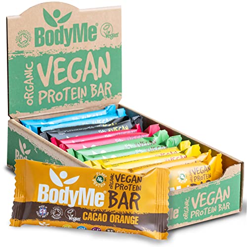 BodyMe Bio Vegan Protein Riegel | Gemischt Schachte | 12 x 60g Vegane Proteinriegel | Glutenfrei | 16g Komplette Veganes Protein pro Snack | 3 Proteine | Essentiellen Aminosäuren | Fitness Riegel