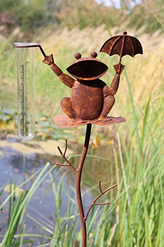 AmaCasa Regenmesser Litermesser Frosch aus Metall | Niederschlagsmesser für Haus & Garten | inklusive Glas mit Skala |Gartenstecker mit Einer Höhe von 100cm
