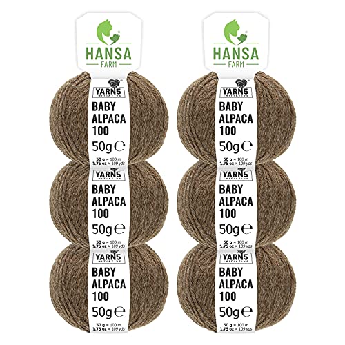 100% Alpakawolle in 50+ Farben (kratzfrei) - 300g Set (6 x 50g) - weiche Baby Alpaka Wolle zum Stricken & Häkeln in 6 Garnstärken by Hansa-Farm - Braun