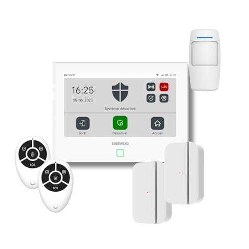 Daewoo Alarm-Set AM302, Zentrale mit Touchscreen, 17,8 cm (7 Zoll), Bewegungsmelder für Haustiere, Türkontakte und Fernbedienung, integrierte Sirene und Batterie, Fernbedienung