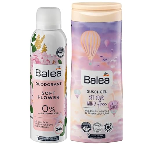 Balea 2er-Set Körperpflege: Deo Spray Deodorant SOFT FLOWER mit frischem Duft nach Glockenblume & Hortensie ohne Aluminium (200 ml) + Duschgel SET YOUR MIND FREE für empfindliche Haut (300 ml), 350 ml
