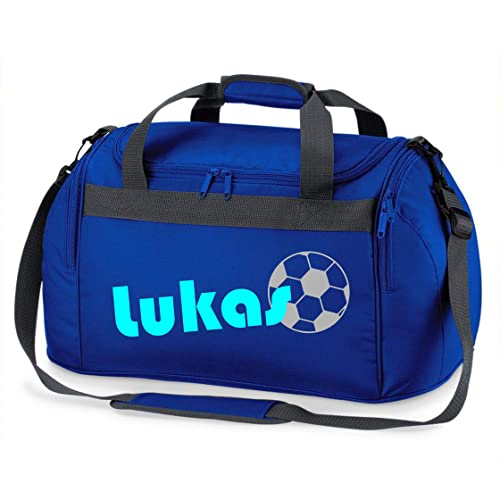 Sporttasche mit Namen | inkl. NAMENSDRUCK | Motiv Fußball | Personalisieren & Bedrucken | Reisetasche Jungen Ball Sport-Verein | blau schwarz (Royalblau)