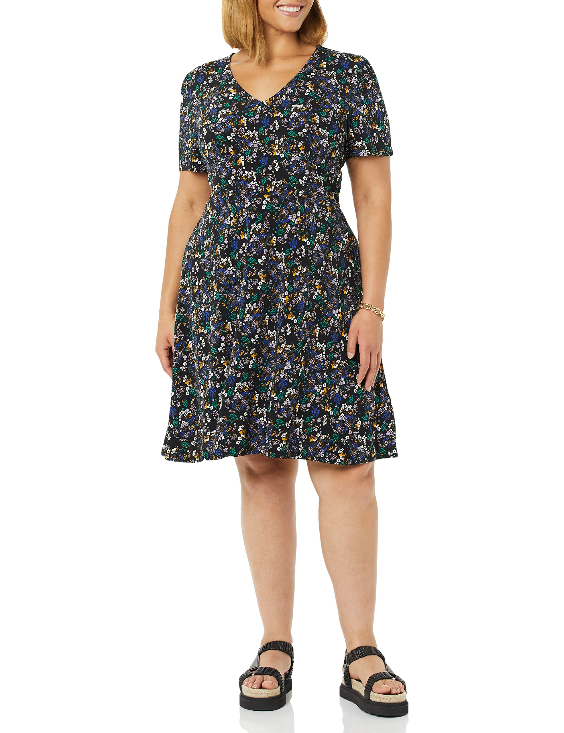 Amazon Essentials Damen Ausgestelltes Kurzarm-Kleid Mit V-Ausschnitt Und Geraffter Passform, Schwarz Streublumen, S