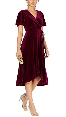 R.Vivimos Damen Samt weiches V-Ausschnitt Midi-Kleid Cocktailkleid Partykleid Taille Seil Stil (Mittel, Weinrot/W)
