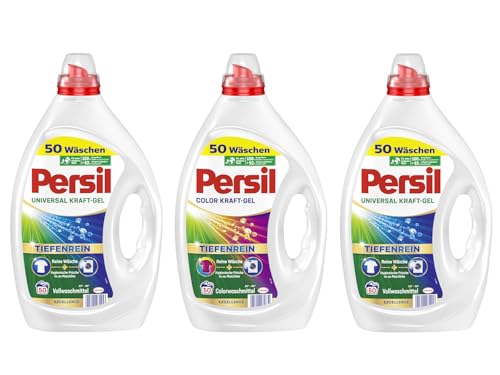 PERSIL Kraft-Gel-Set 3x 50 Waschladungen (150WL) 1x Color & 2x Universal, Flüssigwaschmittel-Set mit Tiefenrein Technologie, für reine Wäsche und hygienische Frische für die Maschine