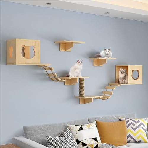 Katzentreppe Wand-Set, Bestehend aus Katzenhaus, Kratzbaum Wand, Katzenbrückenleiter, Verdickter Platte, Robust und Langlebig (Size : B7-9PCS)