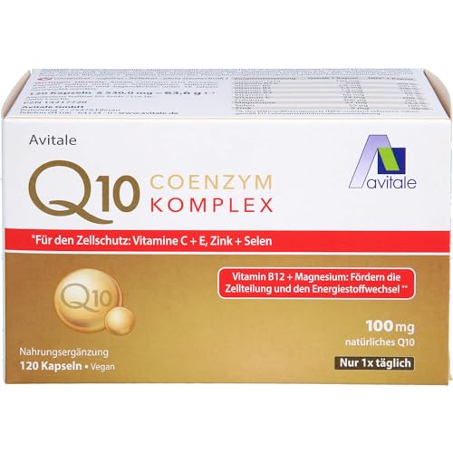 Avitale Coenzym Q10 Komplex Kapseln mit 100mg, rein pflanzlichem Coenzym Q10, Vitamin C, 120 Kapseln