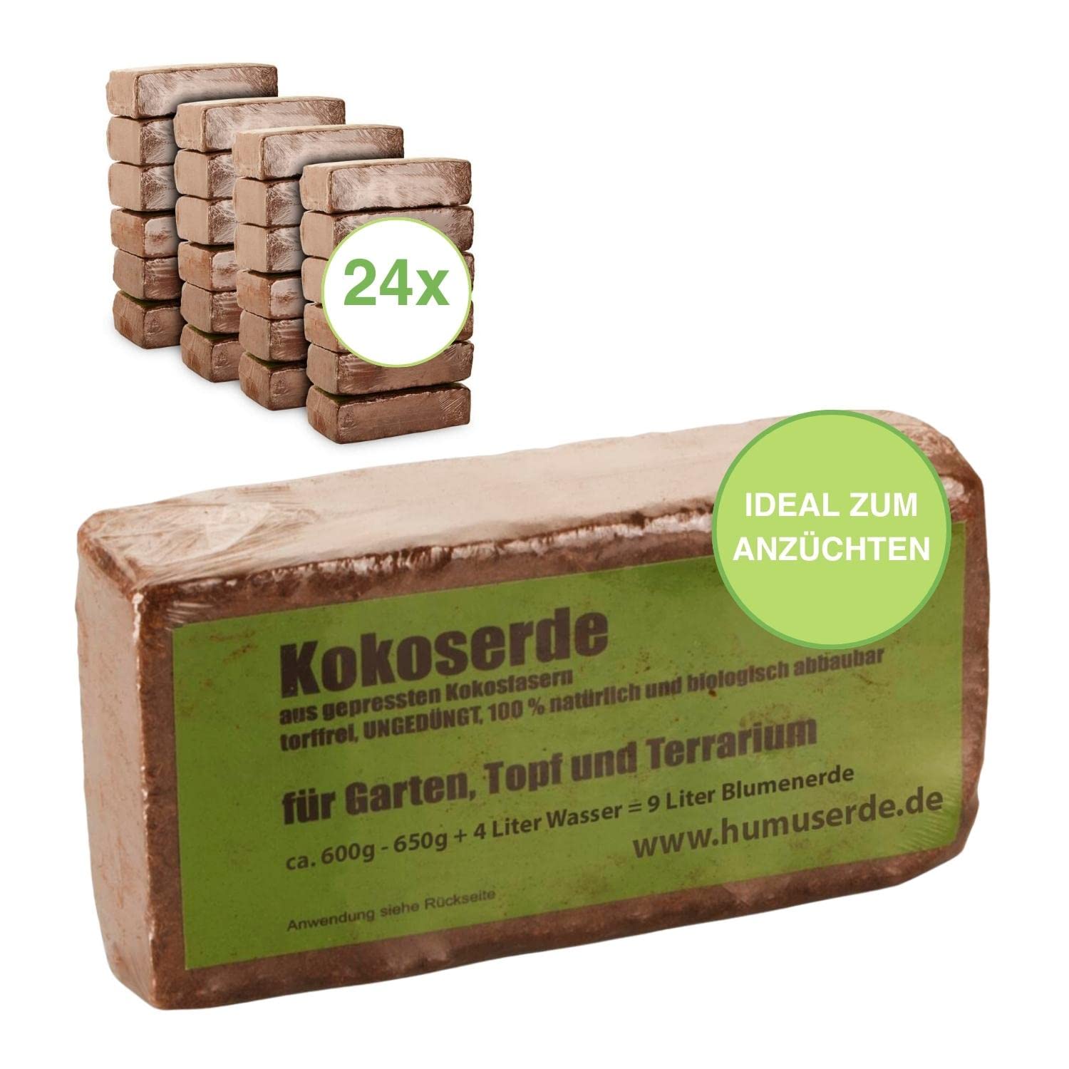 Humuserde I Kokoserde für Pflanzen 24 x 650g I Erde aus Kokosfasern I 100% natürlich & biologisch abbaubar I nährstoffarme Anzuchterde torffrei & ungedüngt für Hochbeete & Terrarien