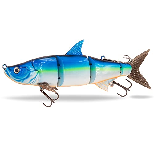 FISHN® TRAWL27 - XL Swimbait, Magnetic-Top-Hook System, Tauchtiefe: 2-5 Meter, 27cm, 218gr, Slow-Sinking, 3 Anbisstellen, großer Schleppköder zum Hecht Angeln (TRAWL27 Blue Star)