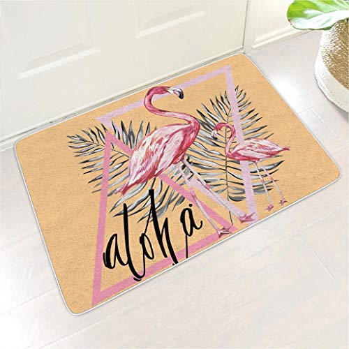 Fußmatte Fussmatte Rosa Aloha Flamingo Palmblatt 3D Print Bodenmatte Innen Bad Teppiche Waschbar Polyester Türmatte Schmutzfangmatte für Esszimmer Dekor White 60x90 cm