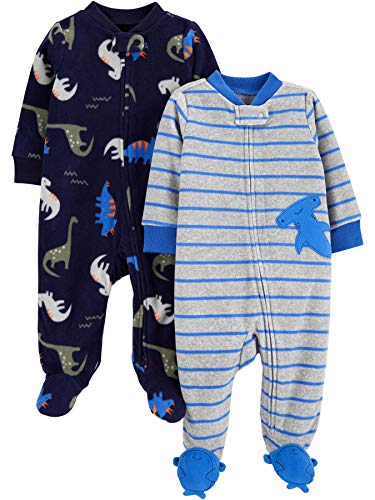 Simple Joys by Carter's Baby Jungen Schlaf- und Spielanzug aus Fleece mit Füßen, 2er-Pack, Blau, Haifisch/Dinosaurier, 3-6 Monate