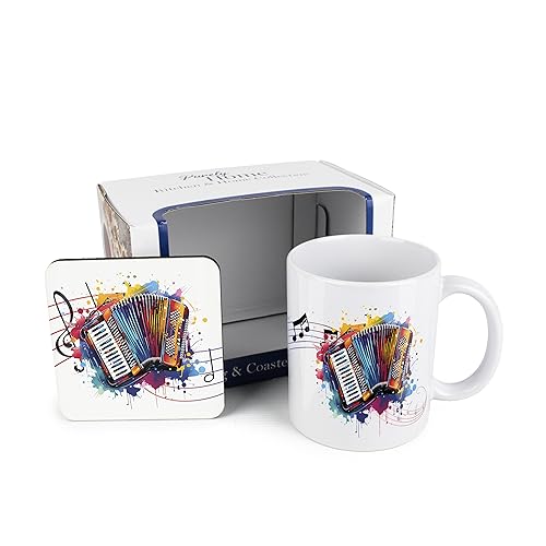 Purely Home Geschenk-Set mit Musik-Tasse und Untersetzer, mehrfarbig, Akkordeon-Keramiktasse und Kork-Untersetzer, Tee-/Kaffee-Geschenk für Musikliebhaber