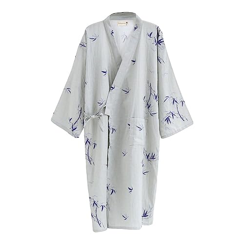 G-LIKE Japanischer Kimono Nachthemd Bademantel – Traditioneller Haori Yukata Stil 100% Baumwolle Frühling Sommer Hauskleid Saunamantel Leicht Dünn Nachtwäsche für Damen Herren (Grau-Herren, L)