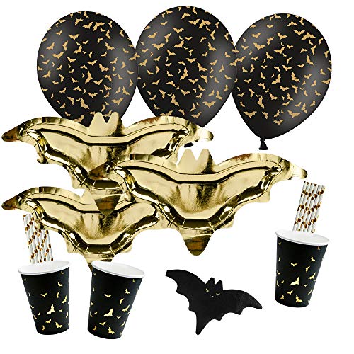 spielum 62-teiliges Party-Set Halloween Fledermaus - Teller Becher Servietten Trinkhalme Ballons für 12 Personen